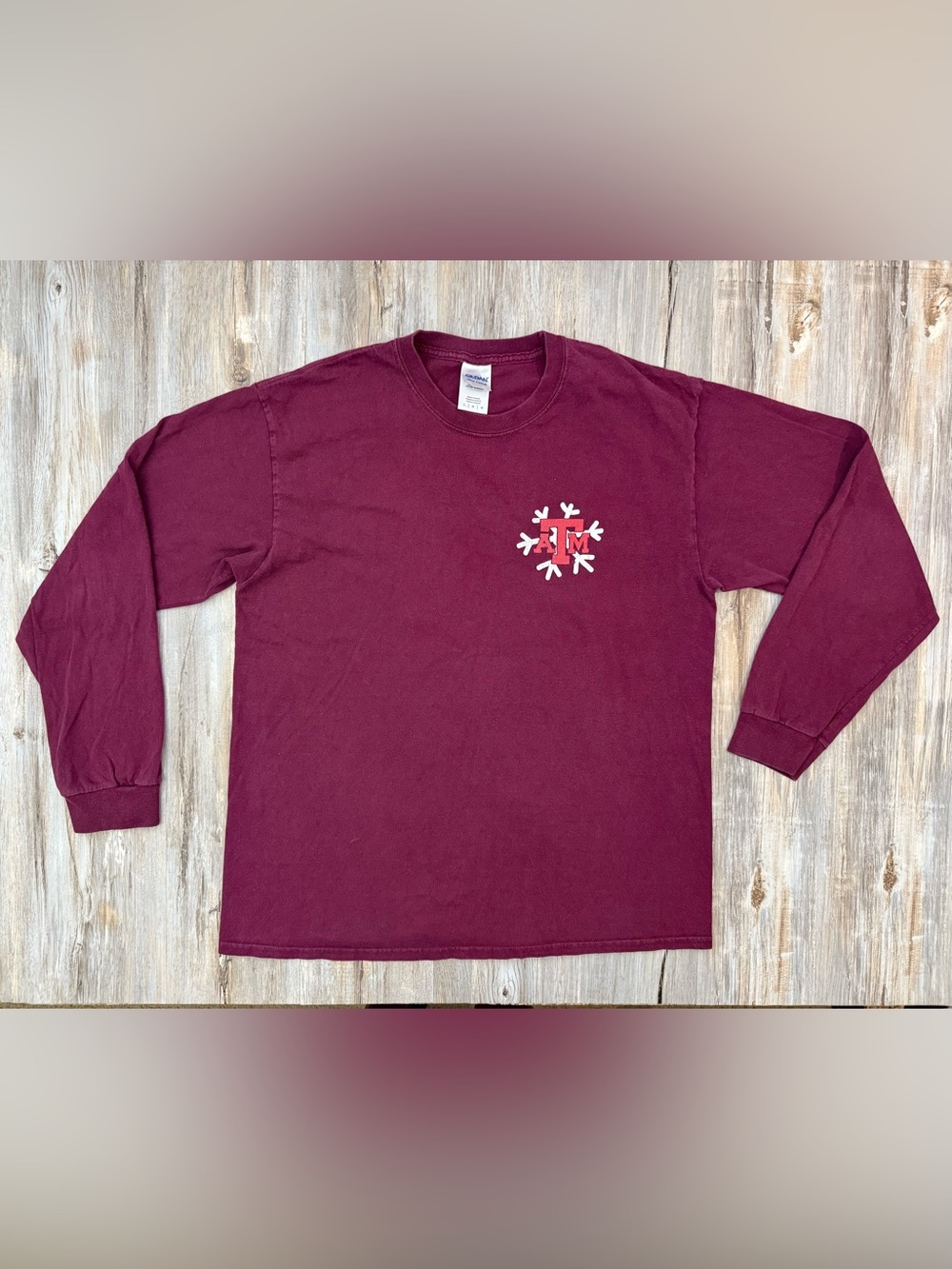 Texas A&M Aggies Maroon Gildan Cotton T-Shirt Long Sleeve Size L Christmas Logo